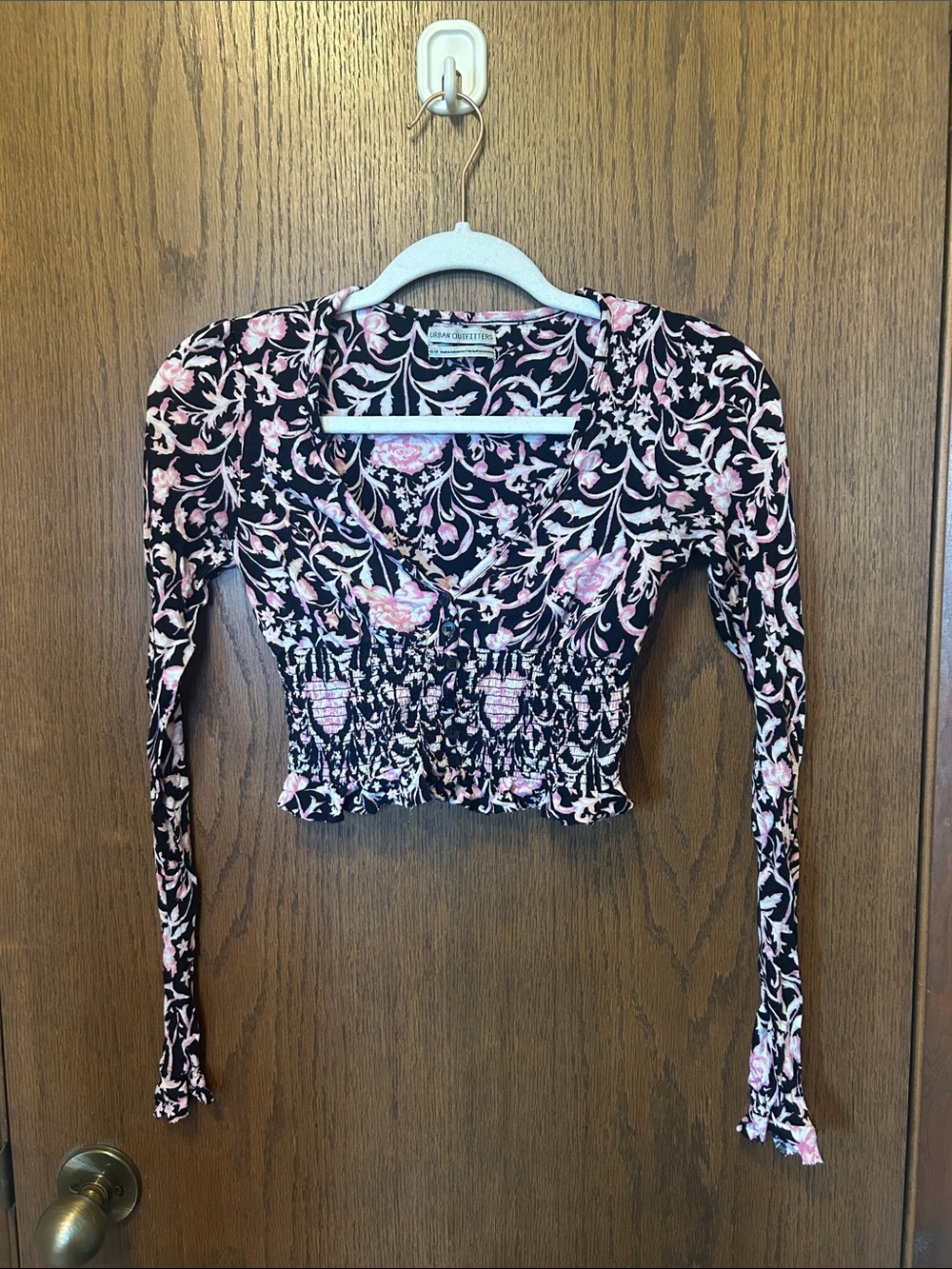 Urban Outfitters Black and Pink Floral Smocked Crop Top